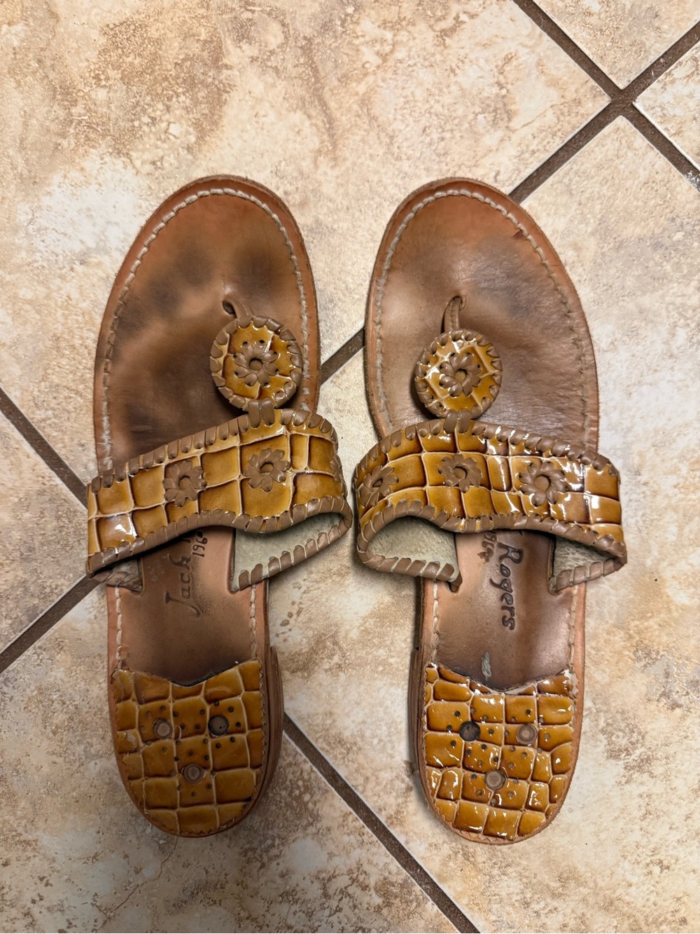 Jack Rogers Brown Croc-Embossed Leather Thong Sandals